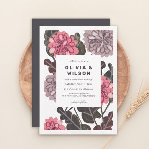 Modern floral charcoal grey mauve pink wedding invitation