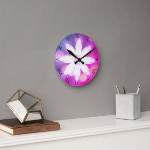 Modern Floral Colourful Pink Blue Ombre Round Clock