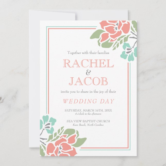 Modern Floral Coral and Teal Wedding Invitation (Front)