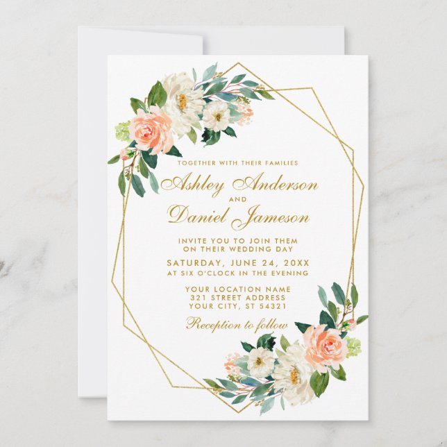 Modern Floral Coral Gold Geometric Frame Wedding Invitation (Front)