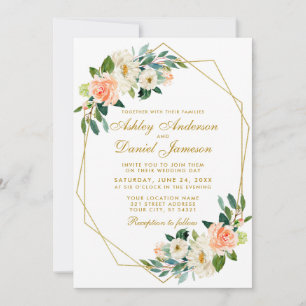 Modern Floral Coral Gold Geometric Frame Wedding Invitation