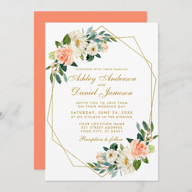 Modern Floral Coral Gold Geometric Wedding Invitation (Front/Back)