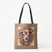 Modern Floral Cow Skull with Flowers Tote