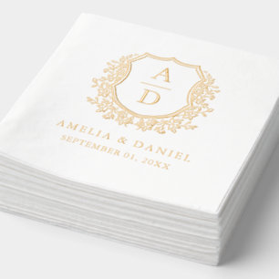 Modern Floral Crest Monogram Wedding Gold Foil Napkins