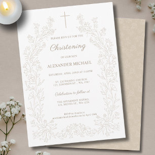 Modern Floral Cross Christening Baptism Invitation
