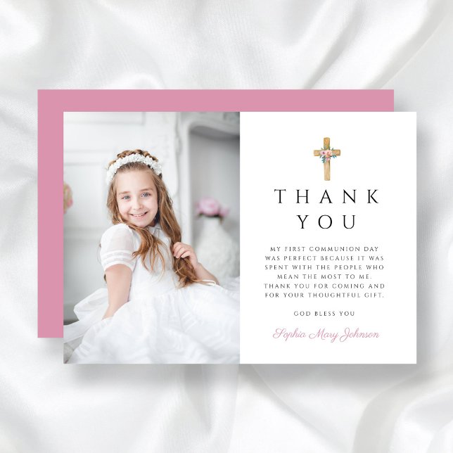 Modern Floral Cross First Communion Photo Thank You Card (Modern Floral Cross First Communion Photo Thank You Card)