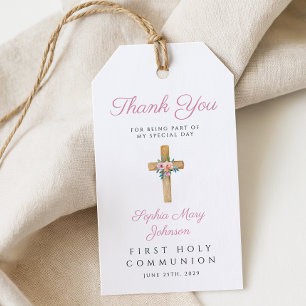 Modern Floral Cross Girl First Communion Gift Tags