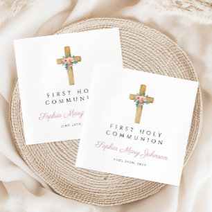 Modern Floral Cross Girl First Communion  Napkin