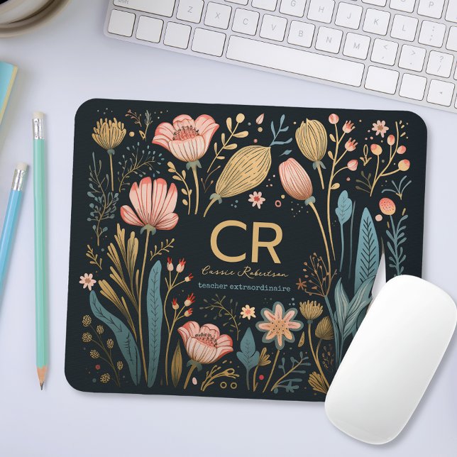 Modern Floral Custom Monogram Name Occupation Gift Mouse Pad (Creator Uploaded)