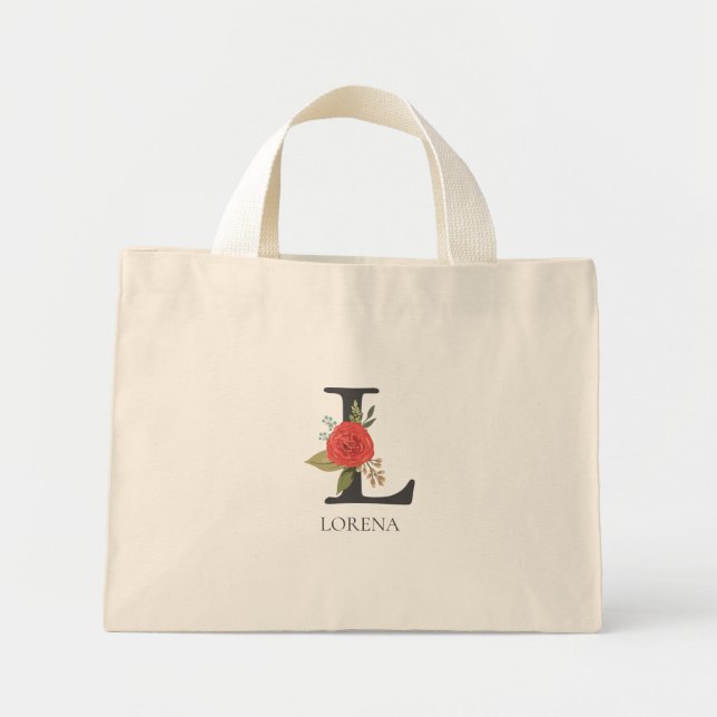 Modern Floral Customisable Monogrammed Letter L Mini Tote Bag (Front)