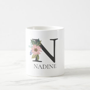 Modern Floral Customisable Monogrammed Letter N Coffee Mug