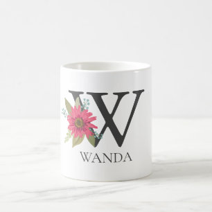Modern Floral Customisable Monogrammed  Letter W Coffee Mug