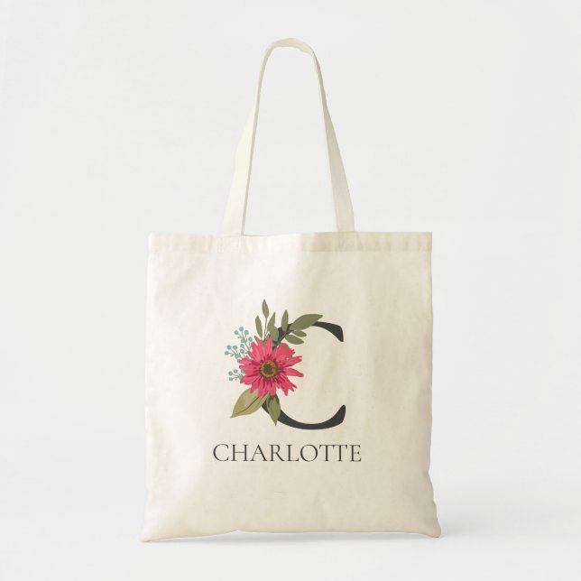 Modern Floral Customisable Monogrammed  Tote Bag (Front)