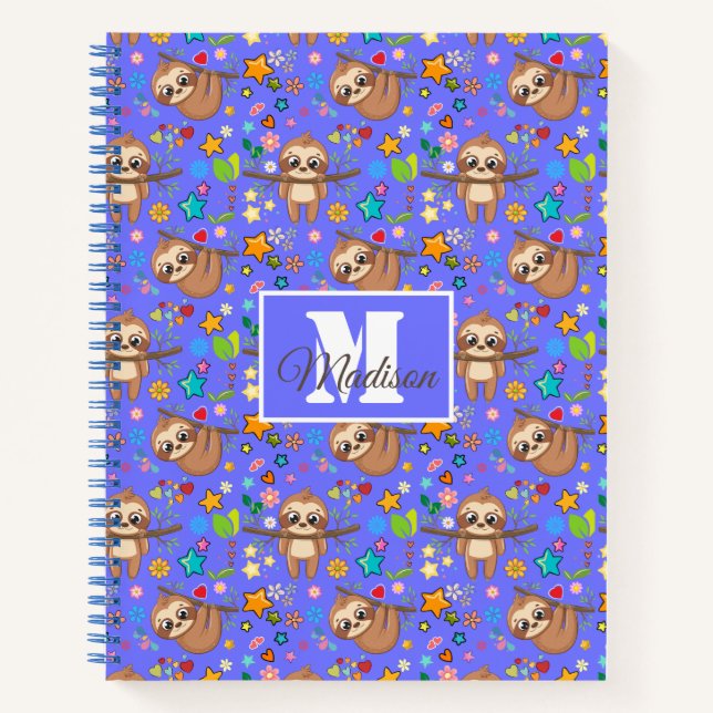 Modern Floral Cute Sloth Pattern | Customisable Notebook (Front)