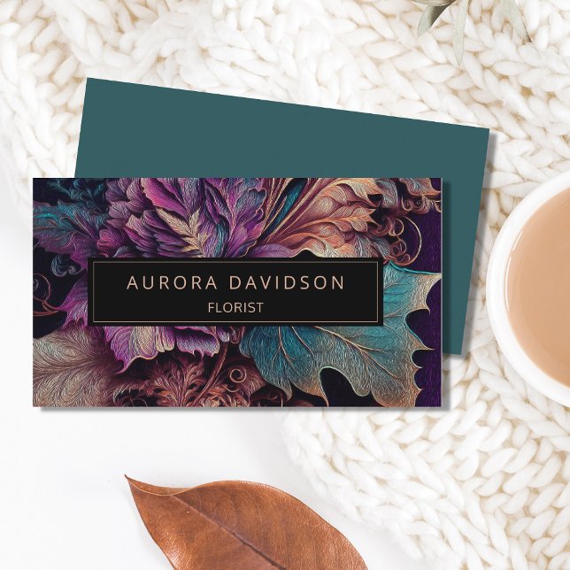 Modern Floral Dark Colourful Leaf Business Card (Creator Uploaded)