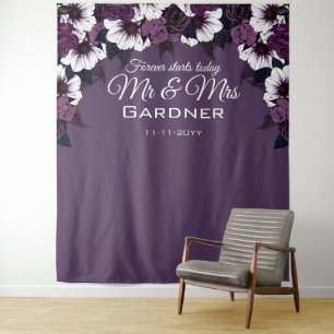 Modern Floral Dark Purple Photo Backdrop Wedding Tapestry