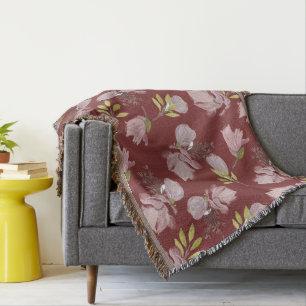 Modern floral decor Watercolor pattern burgundy Throw Blanket