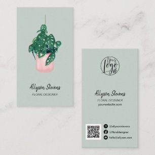 Modern floral designer monstera green logo qr code business card