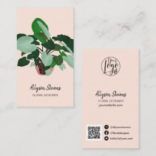 Modern floral designer plant pink logo qr code business card