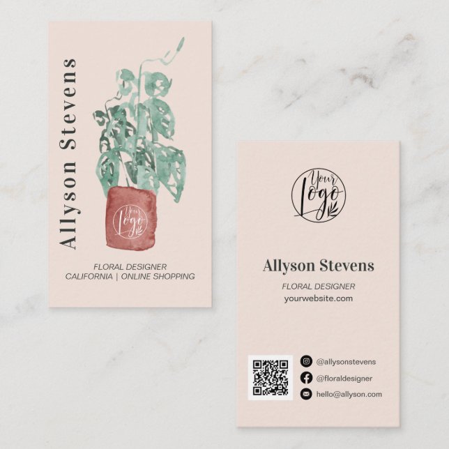 Modern floral designer plant pink logo qr code business card (Front/Back)
