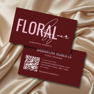 Modern floral designer QR Code red Business Card