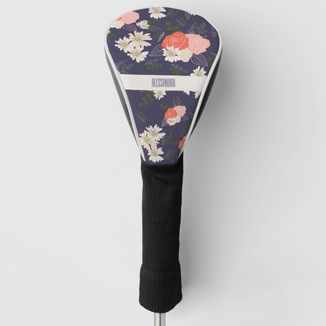 Modern floral doodles in peach pink and navy blue golf head cover (Front)