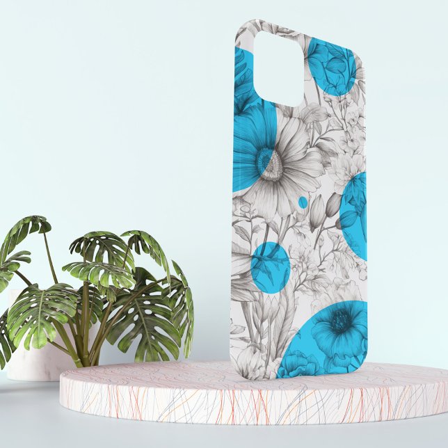 Modern Floral drawing Cyan Blue Retro circles Case-Mate iPhone Case (Cyan blue retro circles on black and white drawing sketch of peony flowers, on a phone case.)