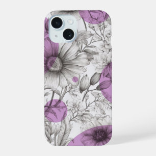 Modern Floral drawing lilac purple Retro circles iPhone 15 Case