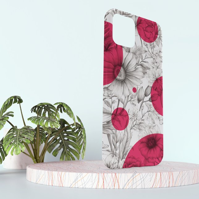 Modern Floral drawing magenta pink Retro circles Case-Mate iPhone Case (Magenta pink retro circles on black and white drawing sketch of peony flowers, on a phone case.)