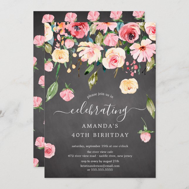Modern Floral Drop Pink Peonies Birthday Party Inv Invitation (Front/Back)