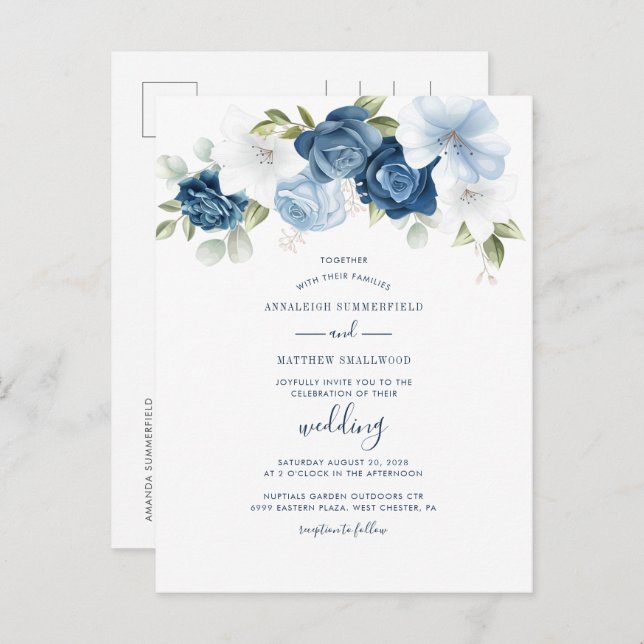 Modern Floral Dusty Blue Botanical Wedding Invitation Postcard (Front/Back)