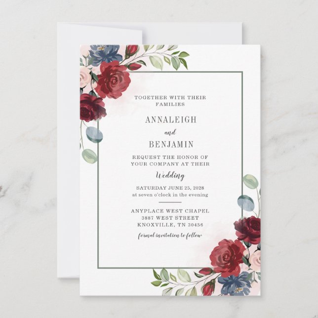 Modern Floral Dusty Blue Burgundy Foliage Wedding Invitation (Front)