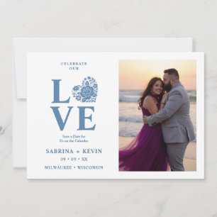 Modern Floral Dusty Blue Heart Photo Wedding TLW26 Save The Date