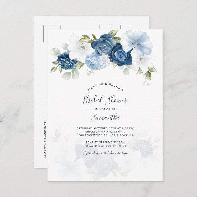 Modern Floral Dusty Blue Script Bridal Shower Invitation Postcard (Front/Back)