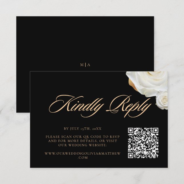 Modern Floral Elegant Black Script Wedding QR Code RSVP Card (Front/Back)