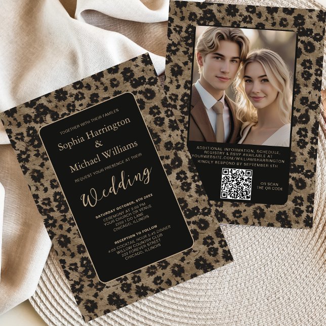 Modern Floral Elegant Black Wedding Invite QR Code (Creator Uploaded)