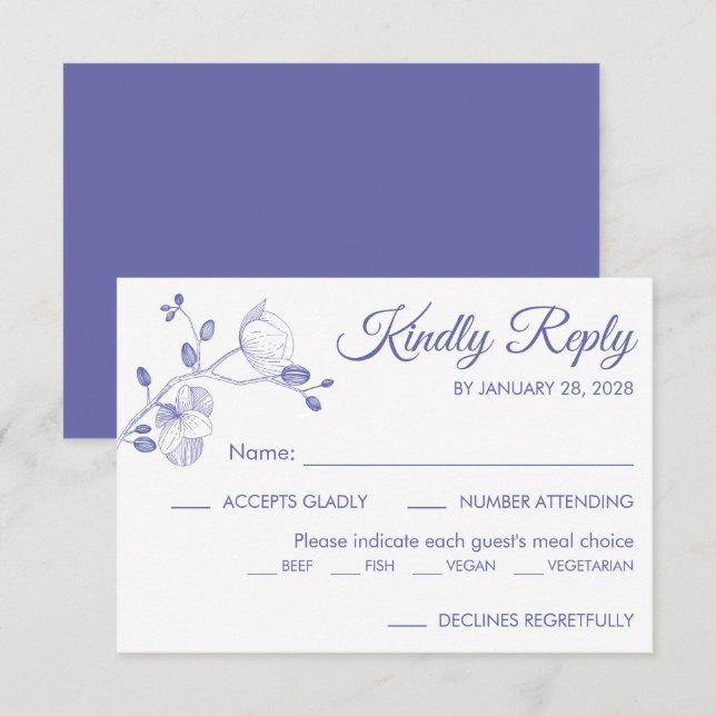 Modern floral elegant orchids meal choice purple RSVP card (Front/Back)