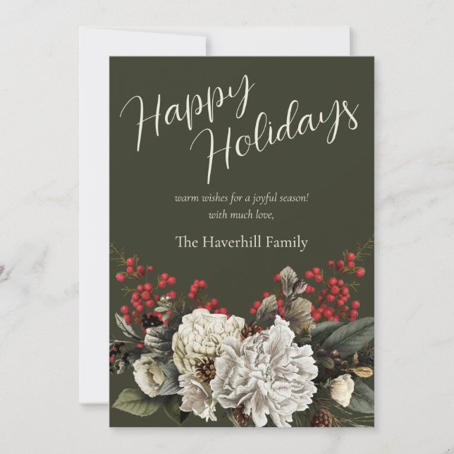 Modern Floral Elegant Script Family Name Holiday Card (Front)
