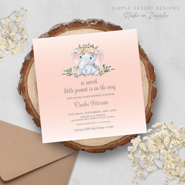 Modern Floral Elephant Baby Girl Baby Shower (Cute Modern Blush Pink Baby Shower Invitation with Elephant and Floral Greenery)