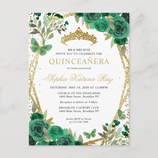 Modern Floral Emerald Green Gold Tiara Quinceañera Postcard (Front)