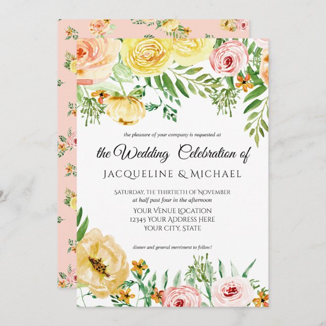 Modern Floral Fall w Blush Yellow Peach Rose Leaf Invitation (Front/Back)