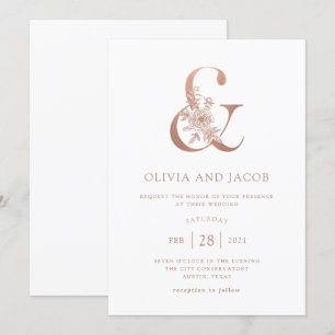 Modern Floral Faux Rose Gold Ampersand Wedding Invitation