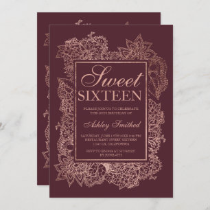 Modern floral faux rose gold burgundy Sweet 16 Invitation