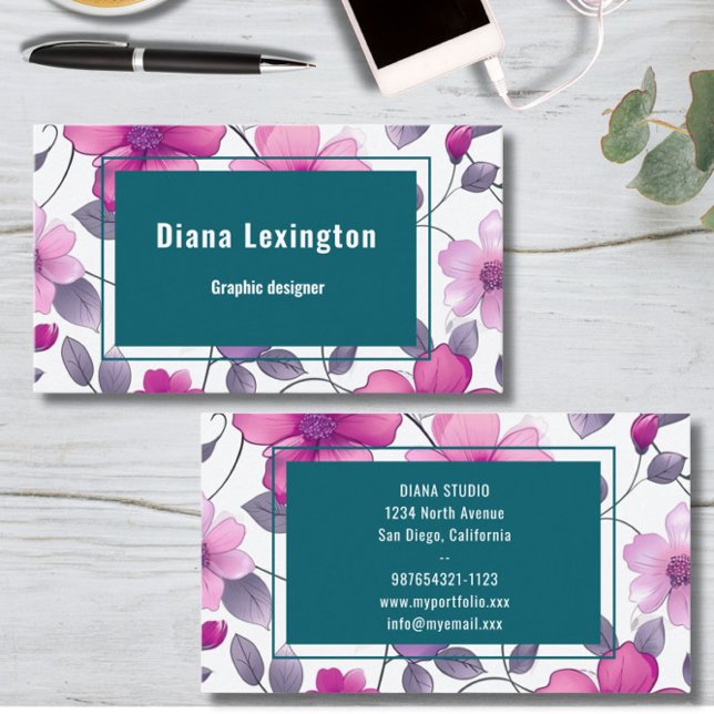 Modern Floral Fuchsia Green Business Card (Creator Uploaded)