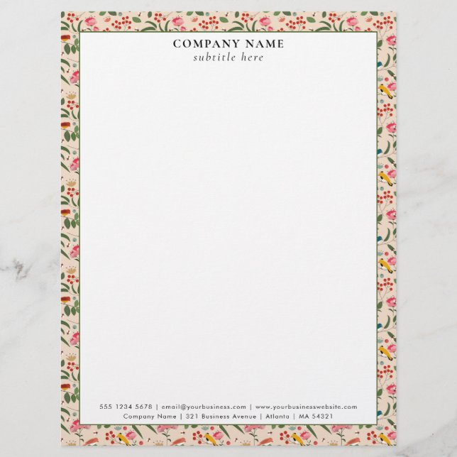 Modern Floral Garden Pattern Company Name Details Custom Letterhead (Front)