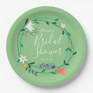 Modern Floral Garland Elegant Script Bridal Shower Paper Plate
