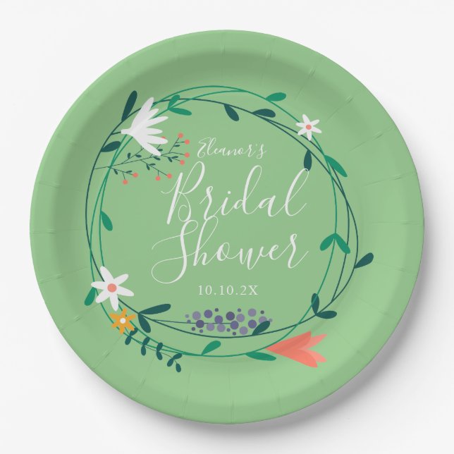 Modern Floral Garland Elegant Script Bridal Shower Paper Plate (Front)