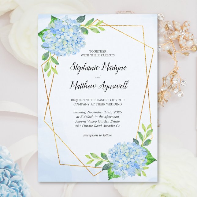Modern Floral Geometric Blue Hydrangea Wedding Invitation (Creator Uploaded)