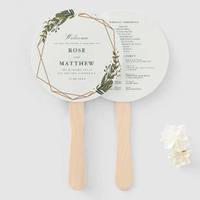 Modern floral geometric greenery wedding program hand fan (Front and Back)