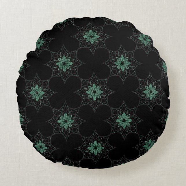 Modern Floral Geometric Pattern Teal and Black Round Cushion (Front)